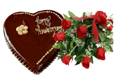 Heart Shaped Chocolate Cake with Red Roses Bouquet